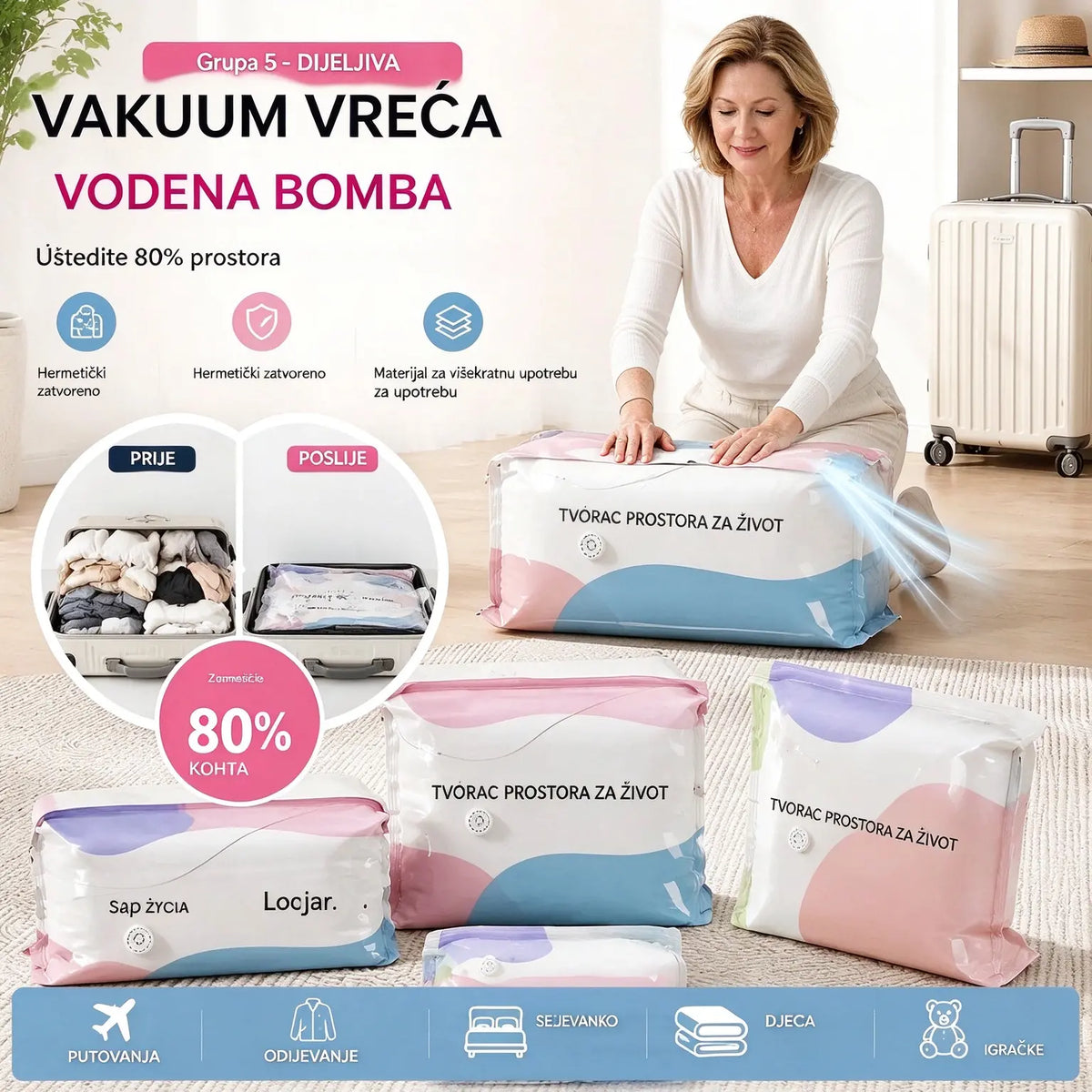 🧳【5 komada 59 KM】💨Velika kompresijska vakuumska vreća: ne treba pumpa, hermetička i savršena za uštedu prostora u koferima i kod kuće✈️